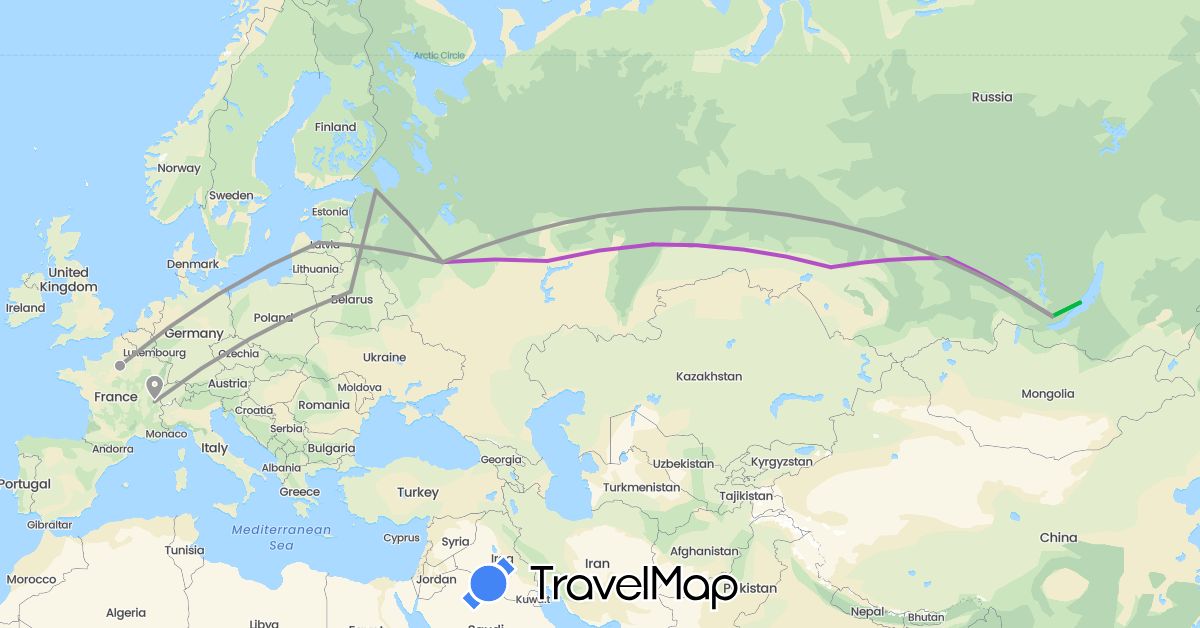 TravelMap itinerary: driving, bus, plane, train in Belarus, Switzerland, France, Latvia, Russia (Europe)